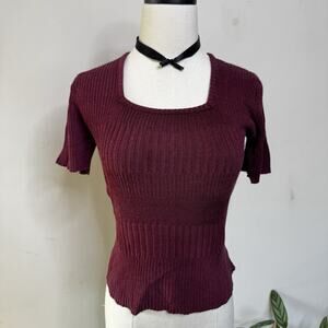 Vintage 90s Burgundy Square Neck Ribbed Crop Top Indie Grunge Whimsygoth Fairy L